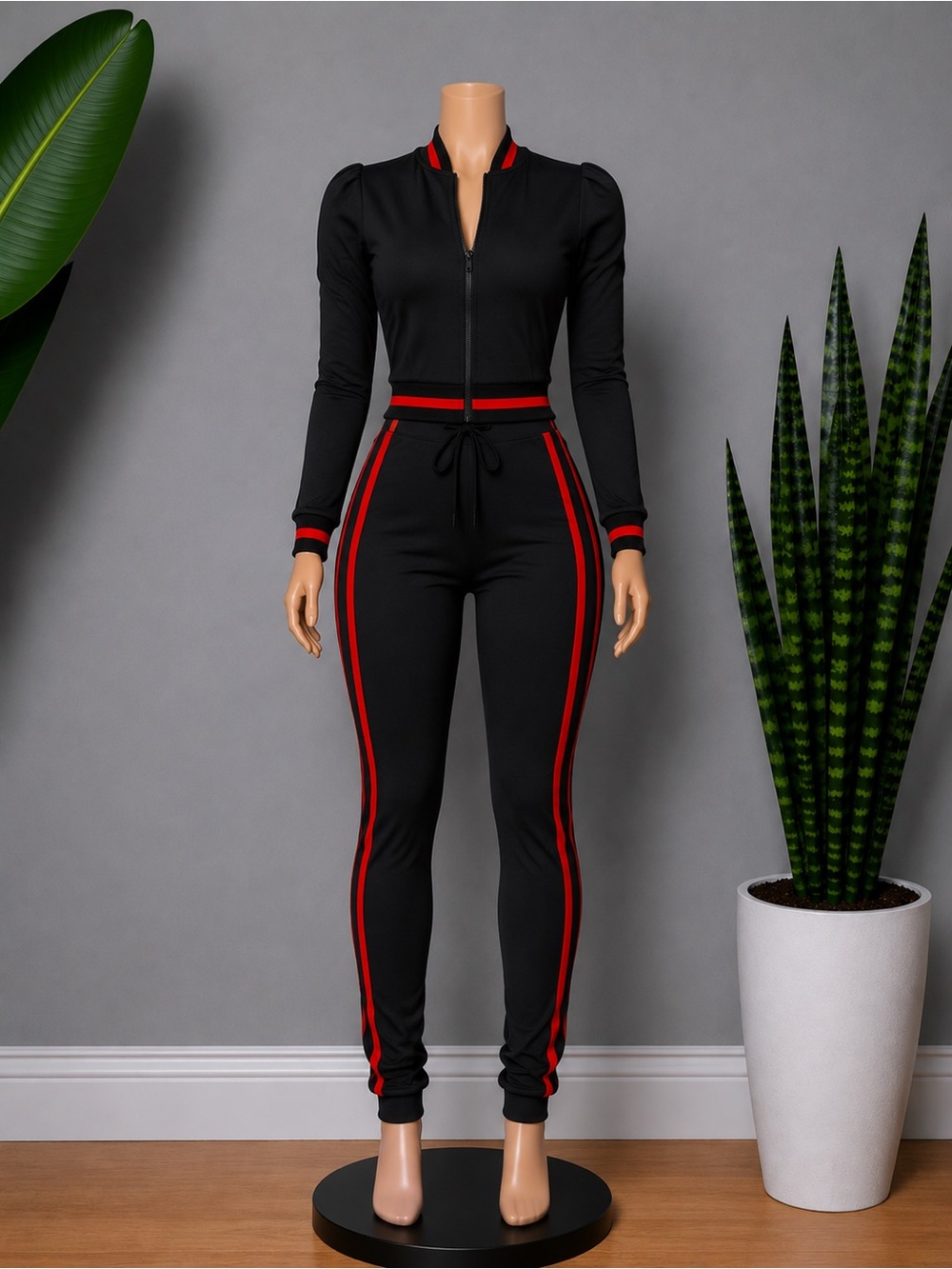 Black & Red Zip-Front Women's 2 piece set